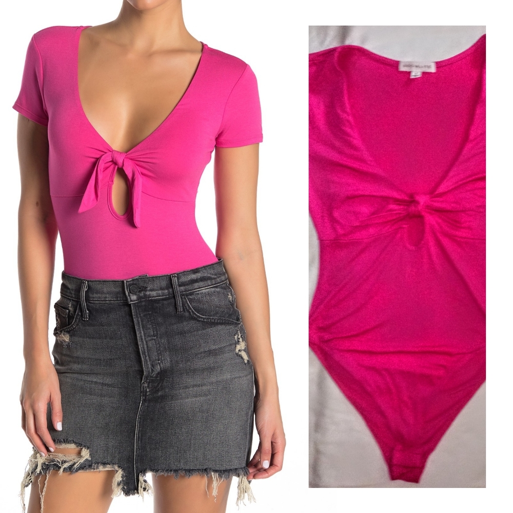 Socialite Tie Front Bright Pink Bodysuit, NWOT
